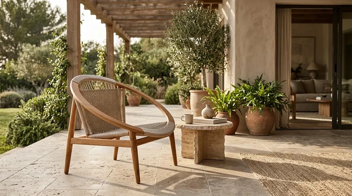 Rope hoop lounge chair on a garden terrace under a pergola