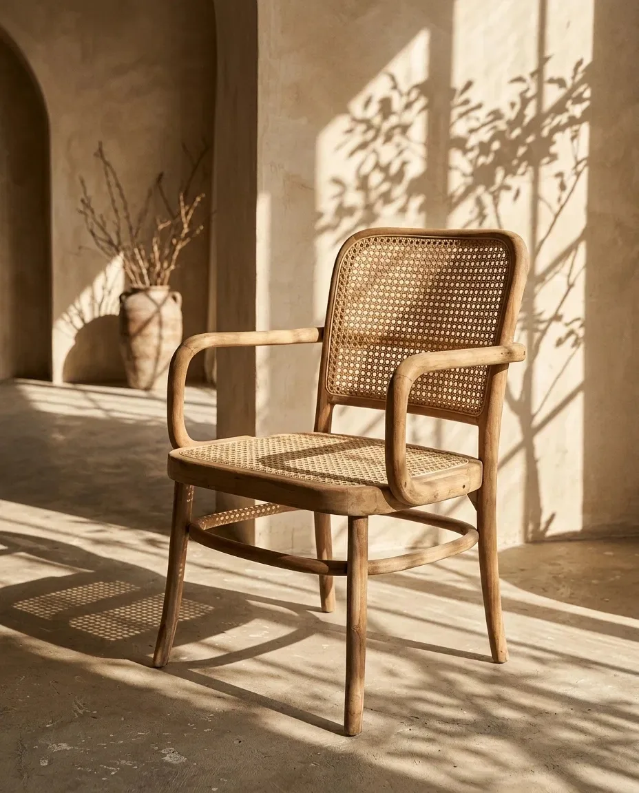 Cane dining armchair in warm sunlight against a plaster wall