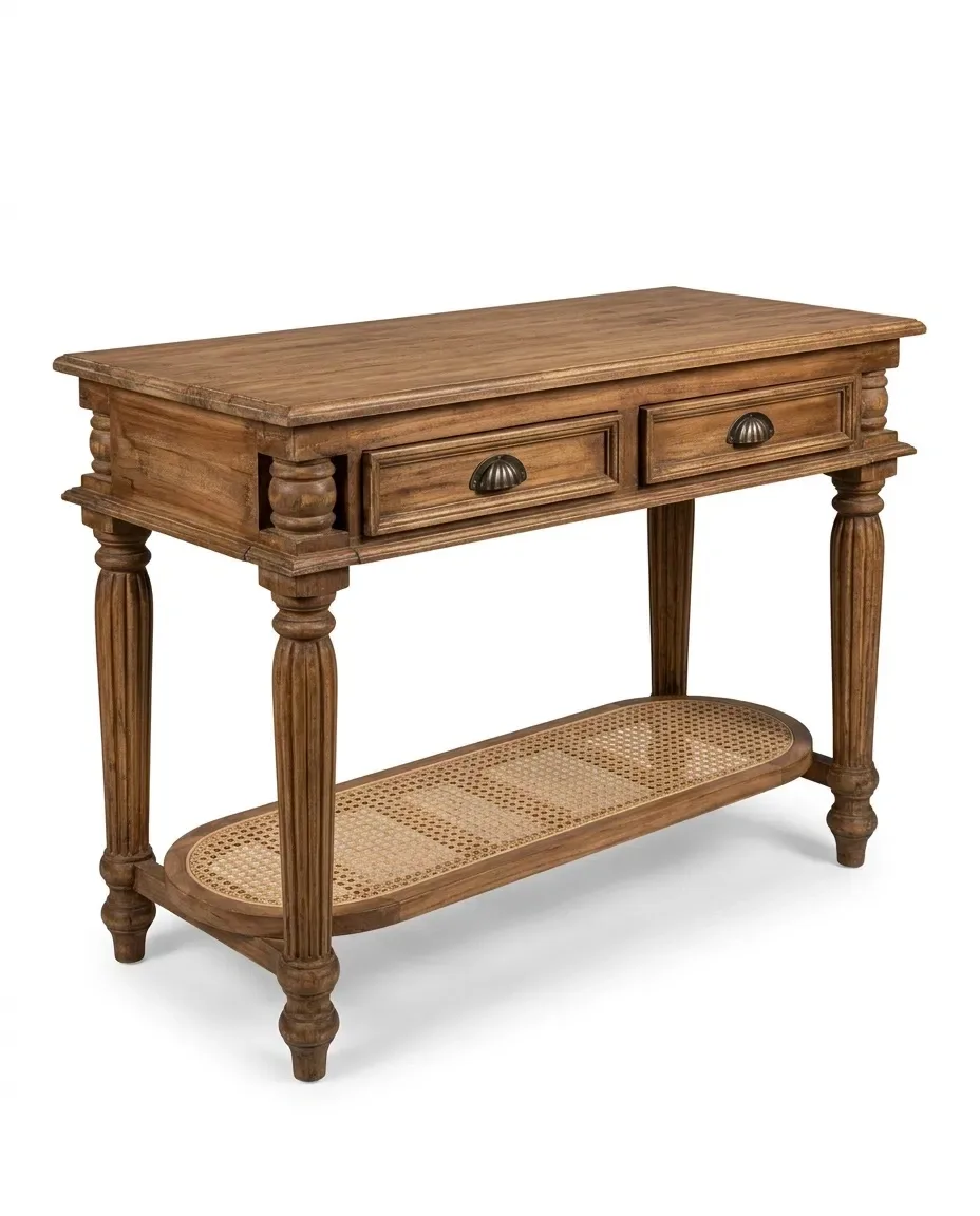 Writing desk with two drawers, turned legs and cane lower shelf, three-quarter view