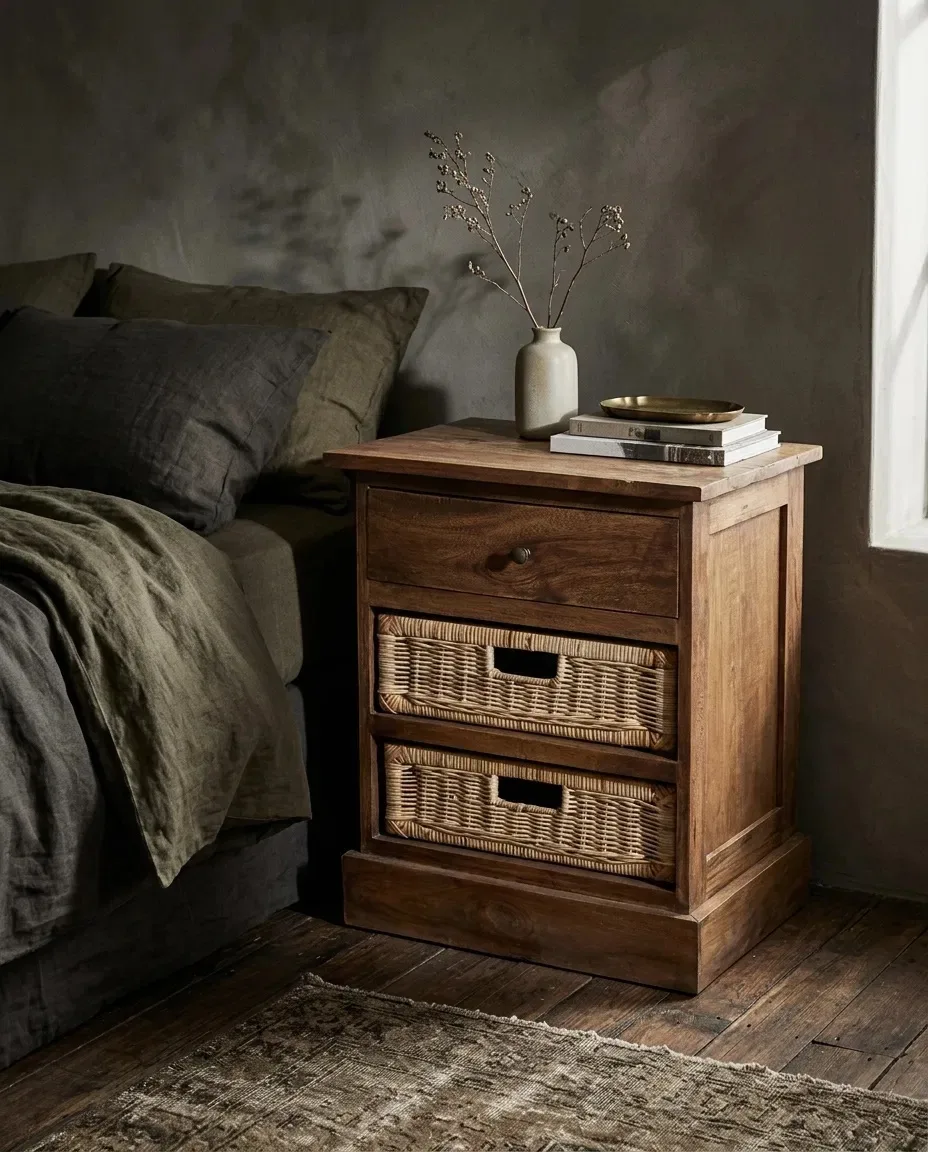 Basket nightstand beside a bed with dark linen bedding