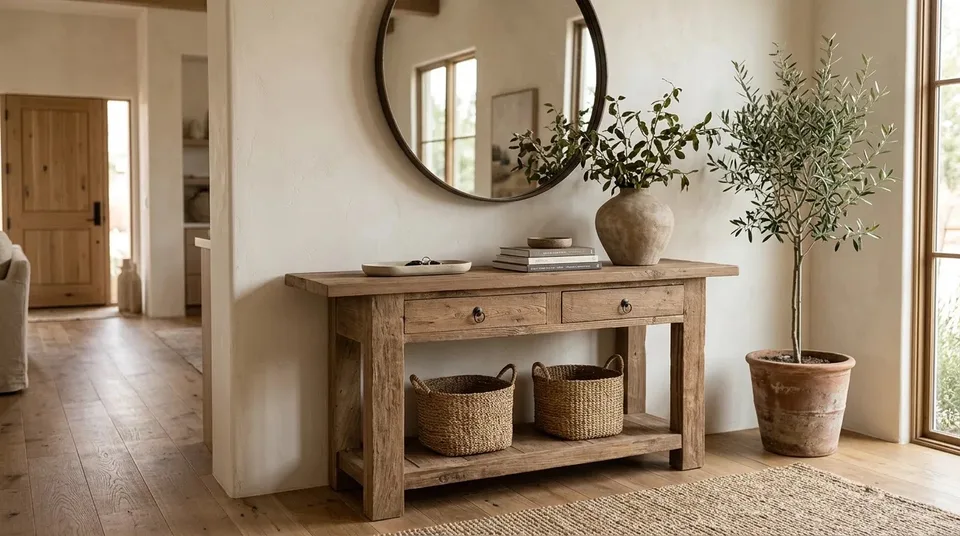 Rustic console with baskets in an entryway beneath a round mirror