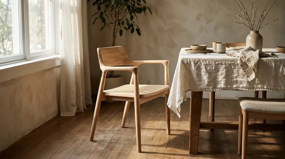 Cane-seat dining armchair beside a linen-covered dining table