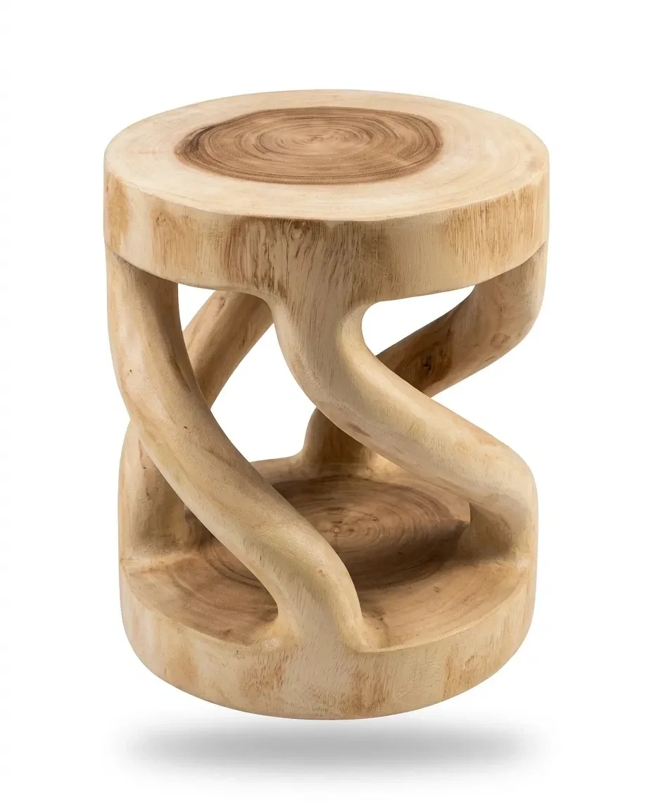 Carved solid teak side table with twisting open supports, front view