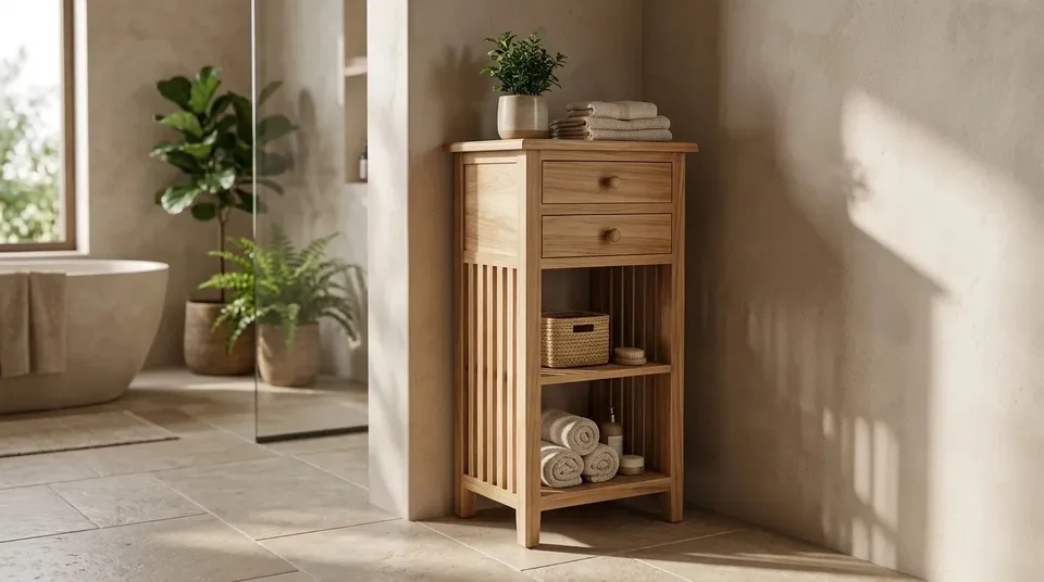 Tall slatted nightstand holding towels in a bathroom