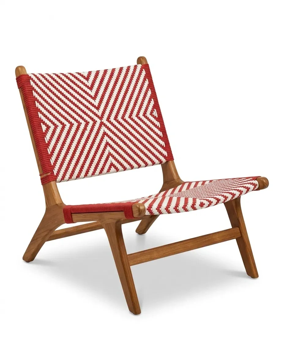 Armless lounge chair with red-and-white geometric woven seat and back, three-quarter view