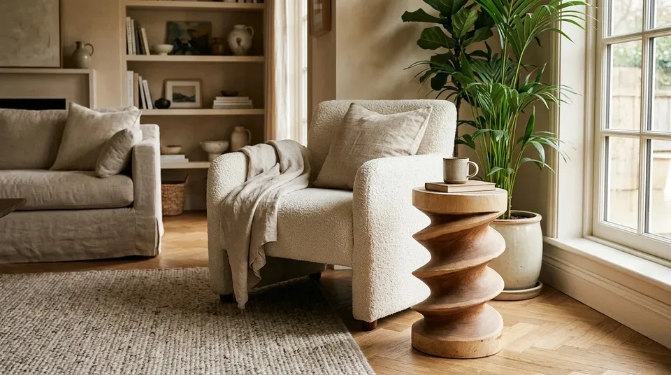 Spiral side table next to a cream armchair in a living room