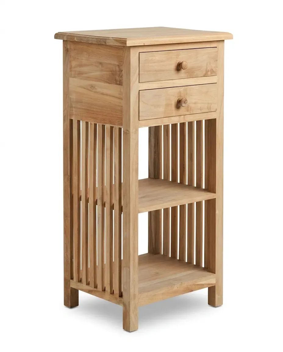 Tall nightstand with two drawers, open shelves and slatted sides, front view