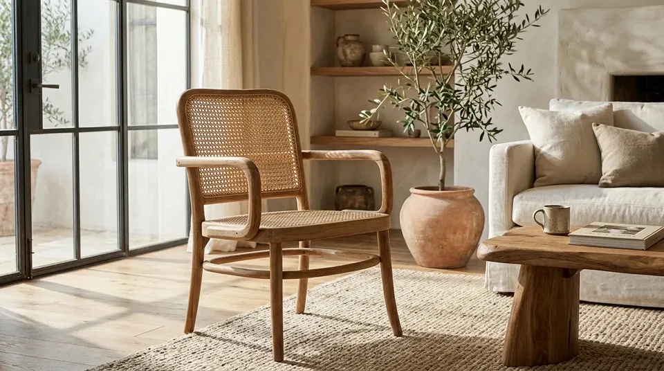 Cane dining armchair in a living room beside a wooden coffee table