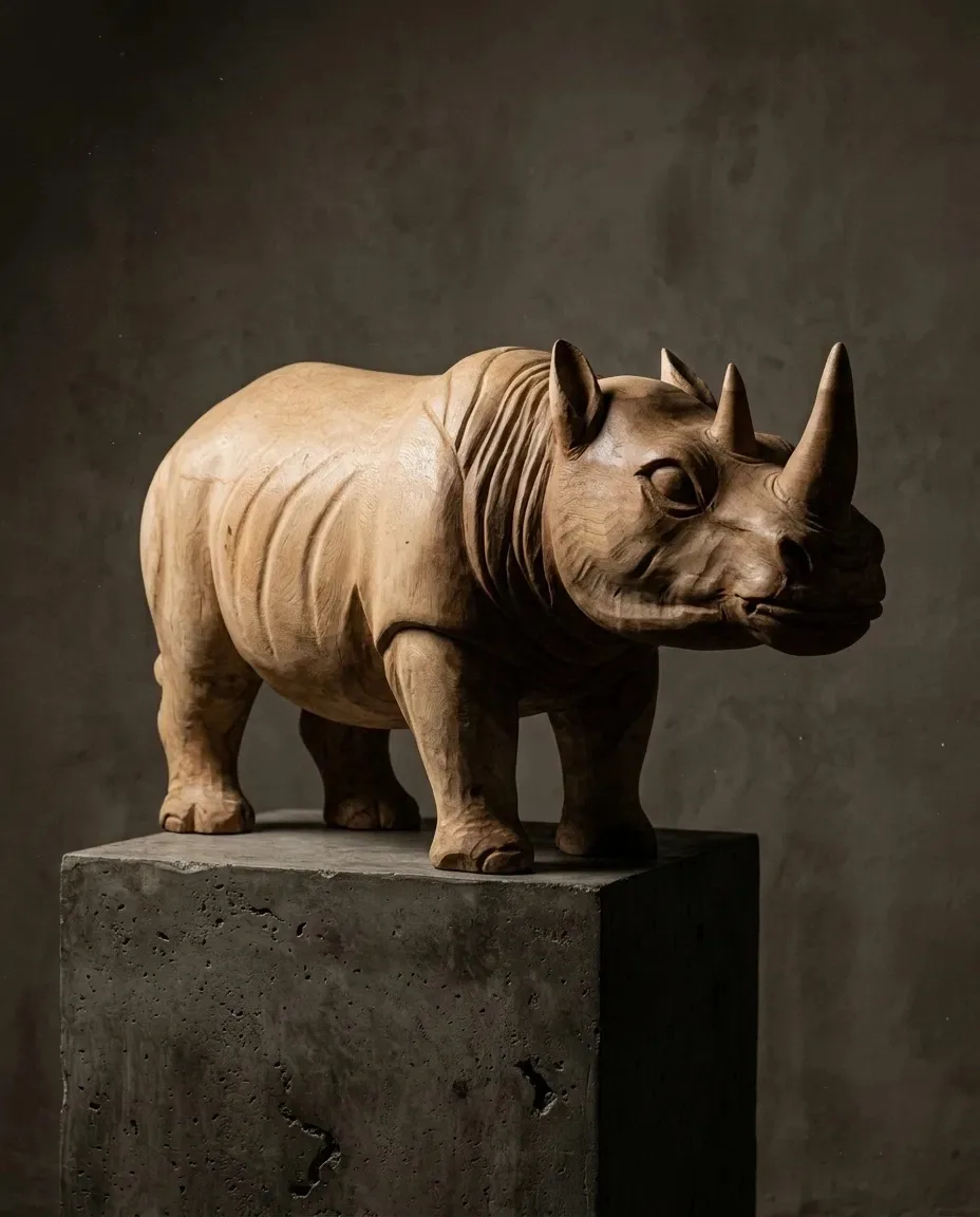 Carved wooden rhinoceros on a concrete plinth against a dark wall