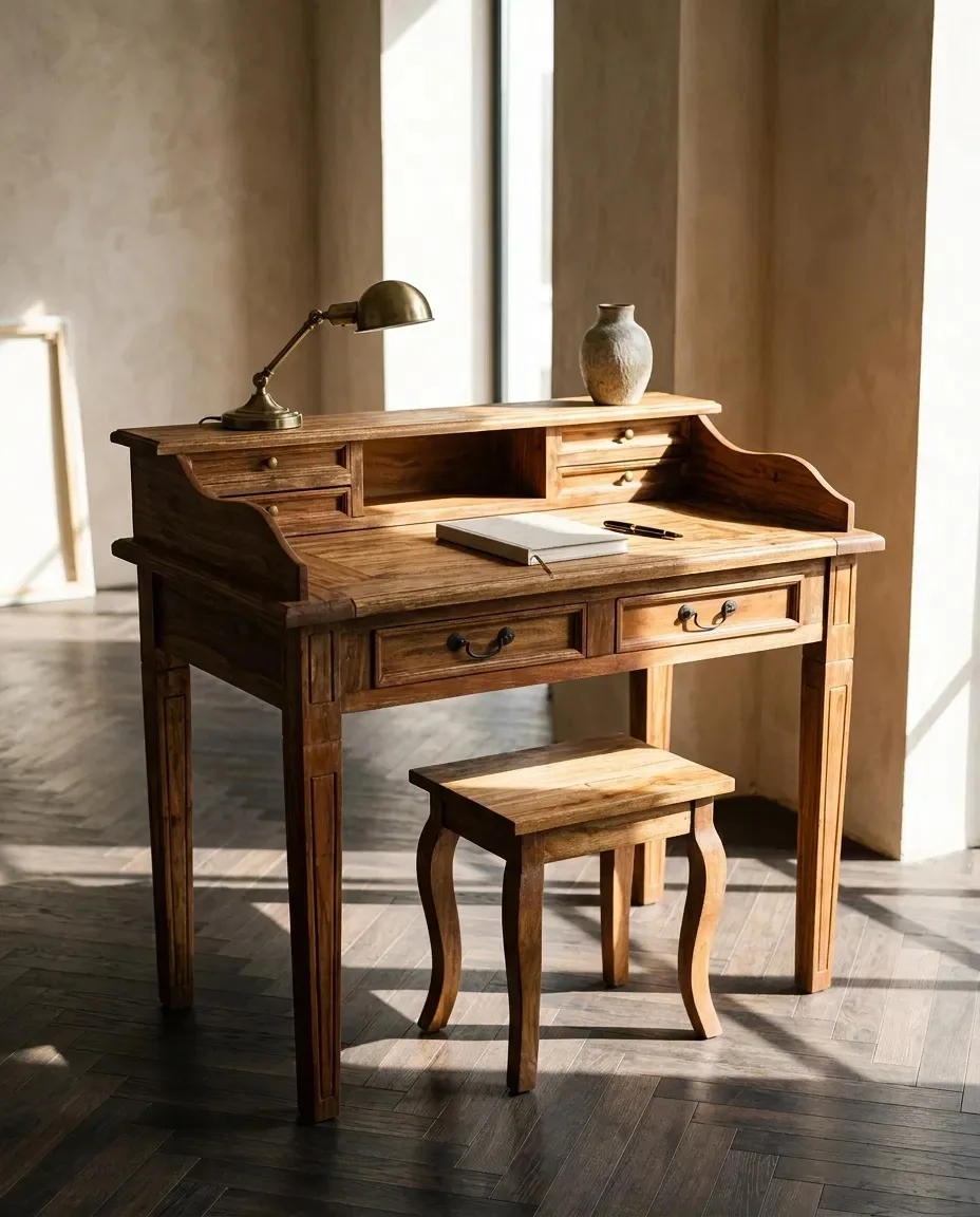 Writing desk with lamp and stool in a sunlit room