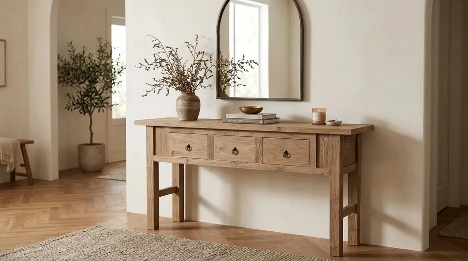 Three-drawer console beneath an arched mirror in an entryway