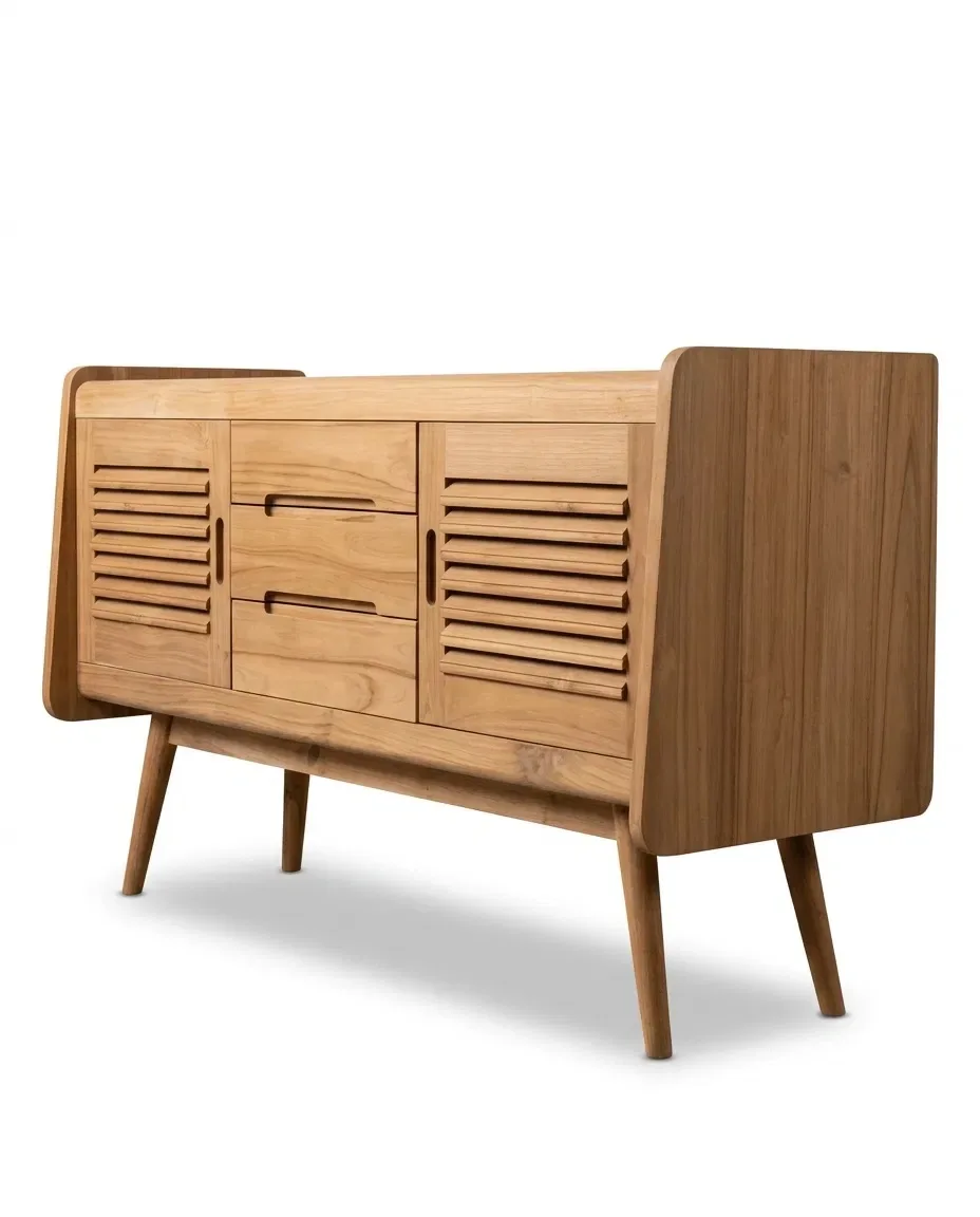 Solid teak sideboard with louvered doors and two drawers, three-quarter view