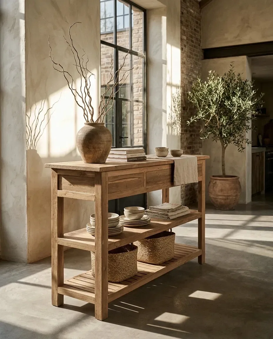 Workbench styled with pottery and baskets in a sunlit room