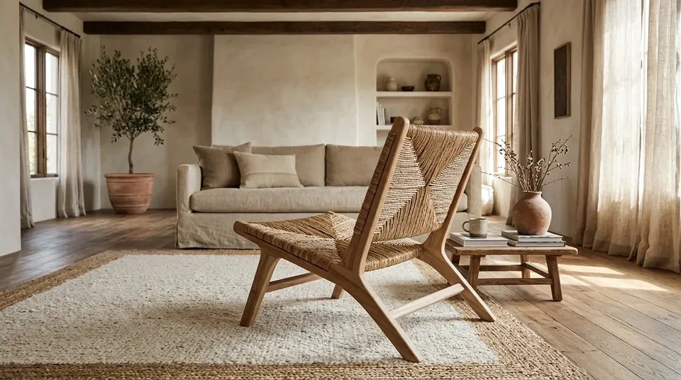 Woven fiber lounge chair in a spacious living room