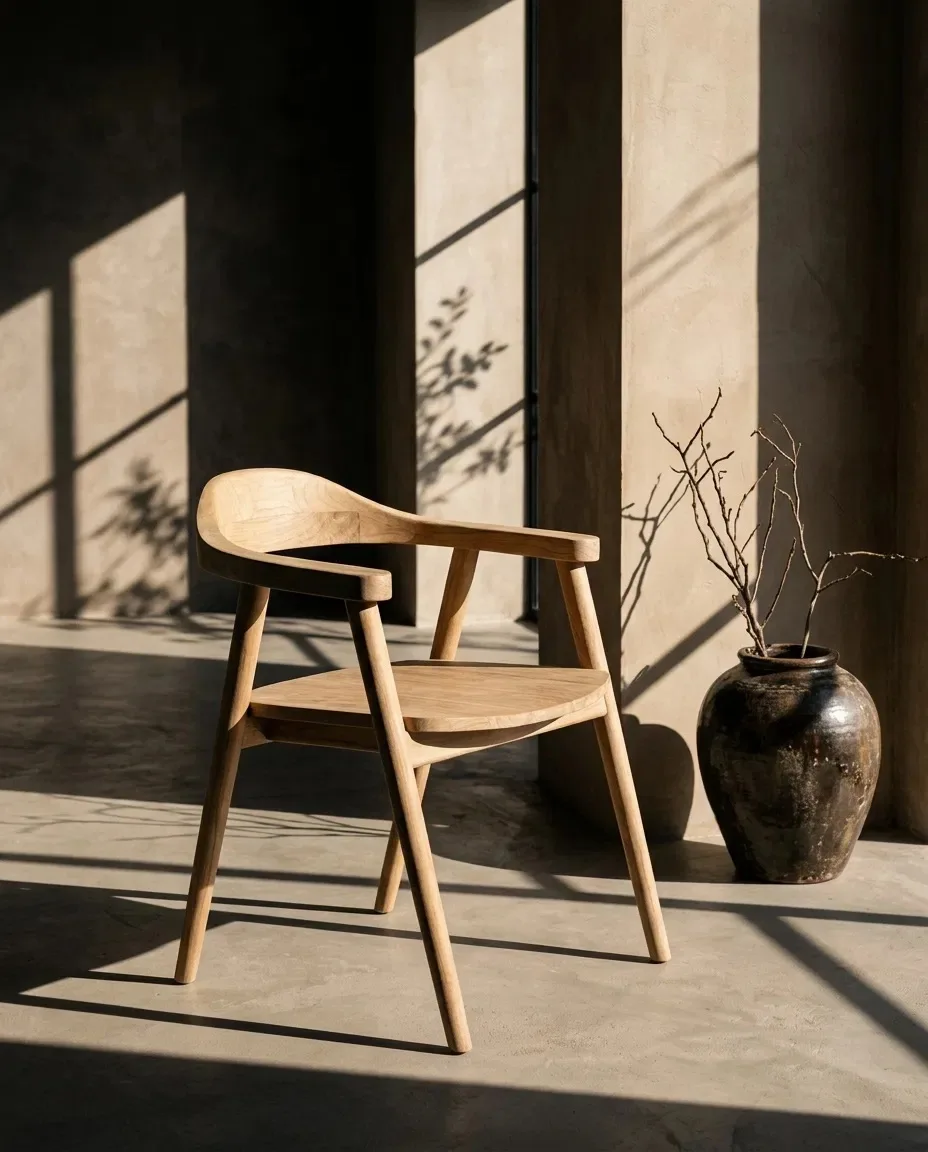 Wooden armchair beside a dark vase in strong window light