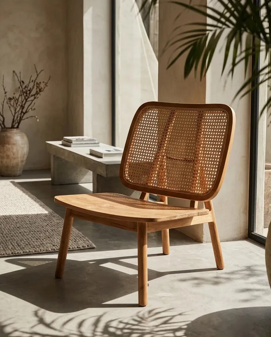 Cane-back lounge chair in a sunlit room with concrete floor and palm
