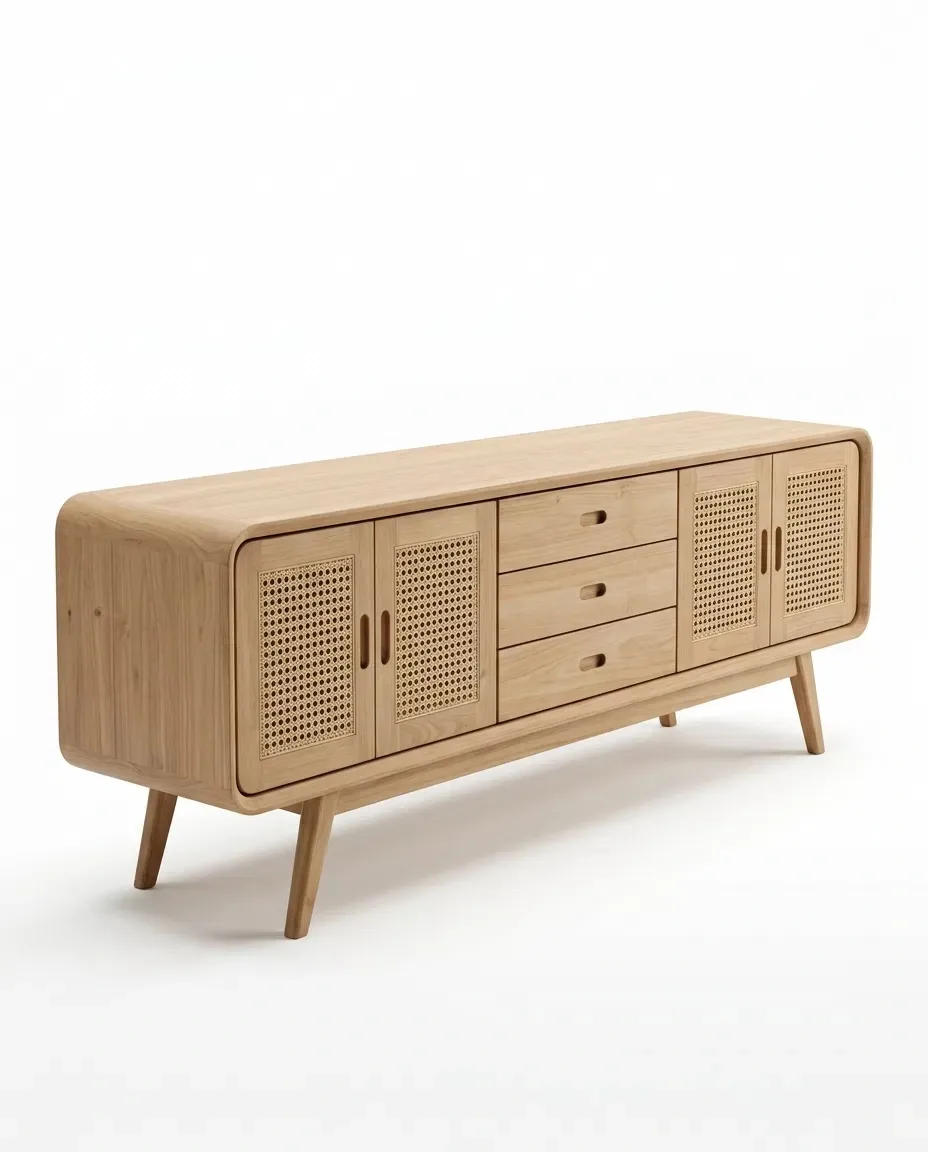 Low TV console with cane doors and three central drawers, three-quarter view