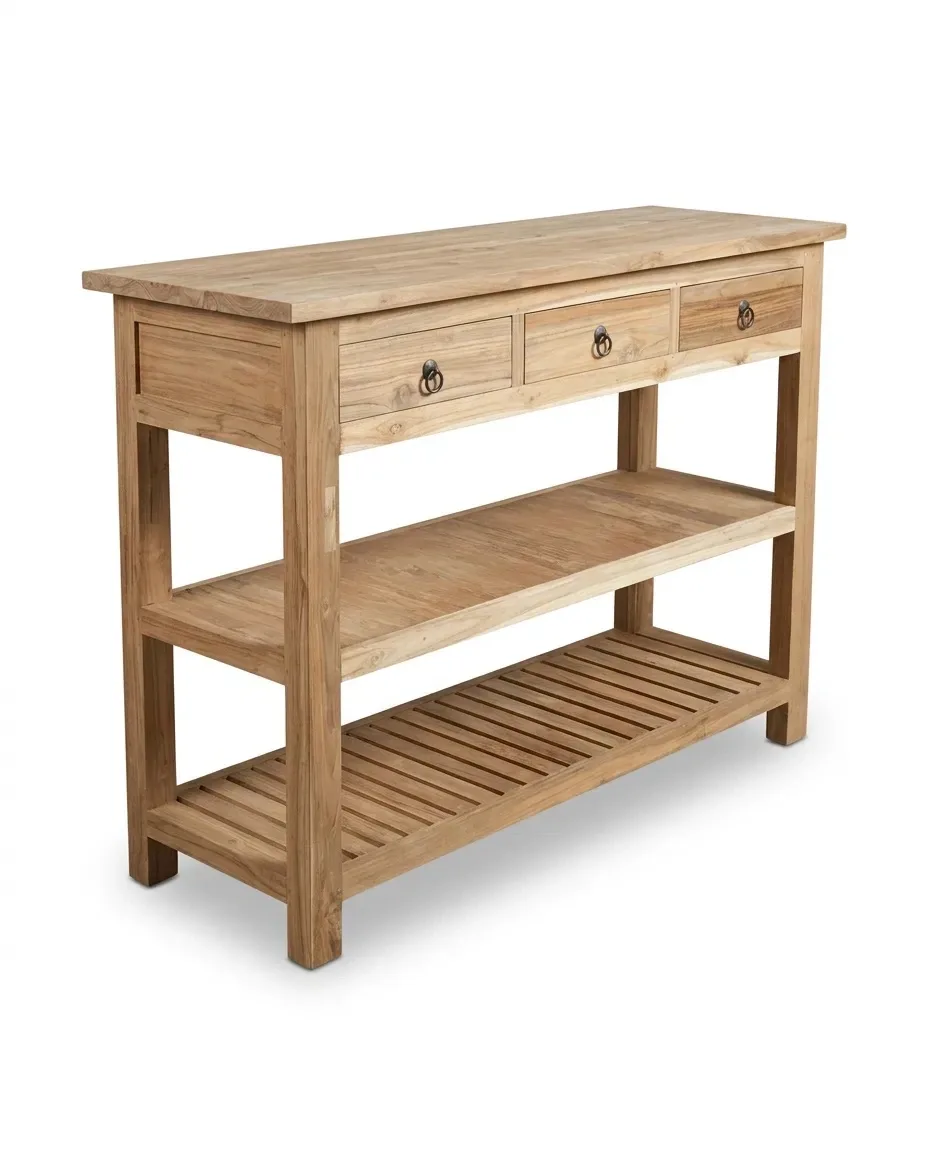 Console with three drawers and two open shelves, three-quarter view