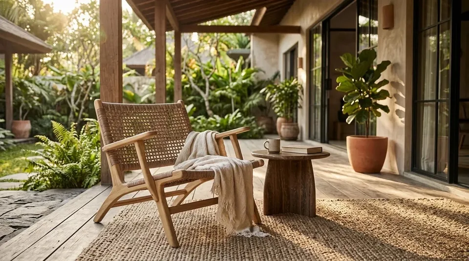 Woven lounge armchair with a throw on a garden veranda