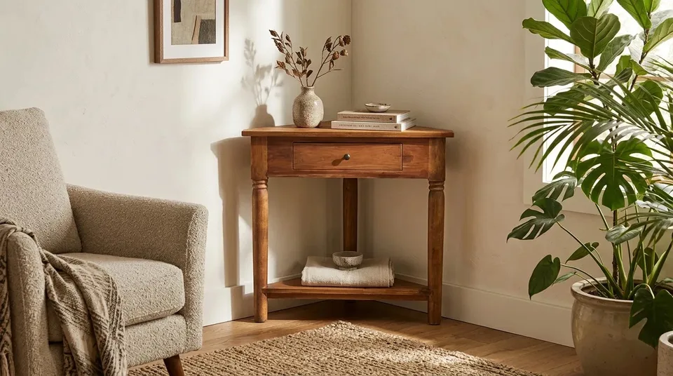 Corner console in a room corner beside an armchair