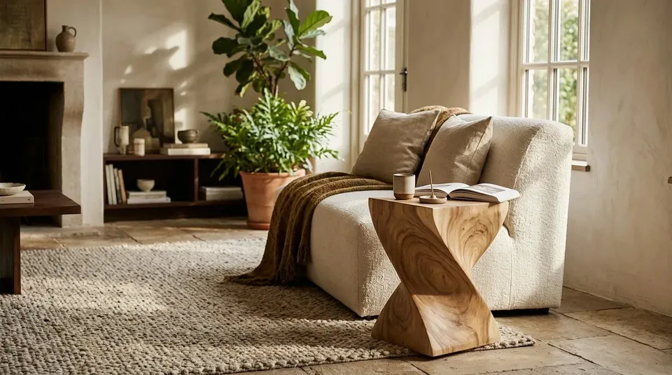 Z-form side table next to a cream sofa