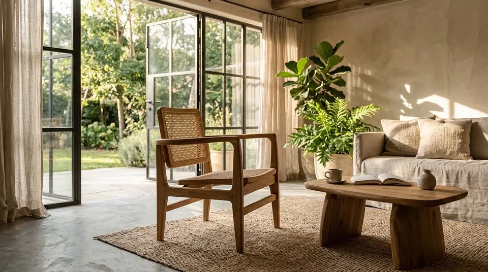 Square-frame cane armchair in a bright living room by a low table