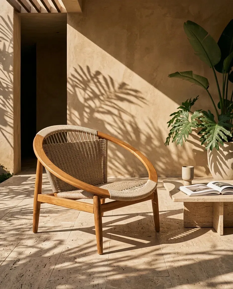 Rope hoop lounge chair on a sunlit terrace with palm shadows