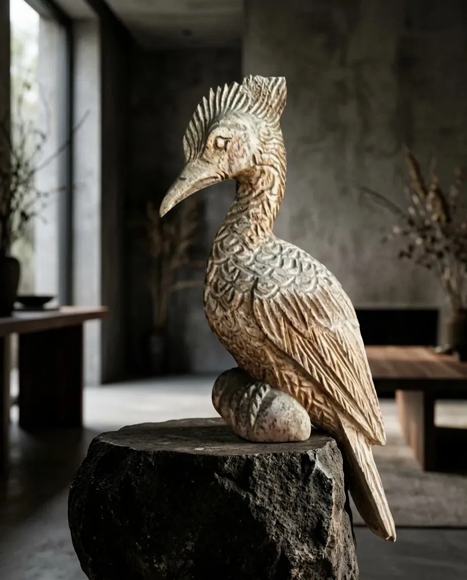 Carved wooden bird on a dark stone block in a moody interior