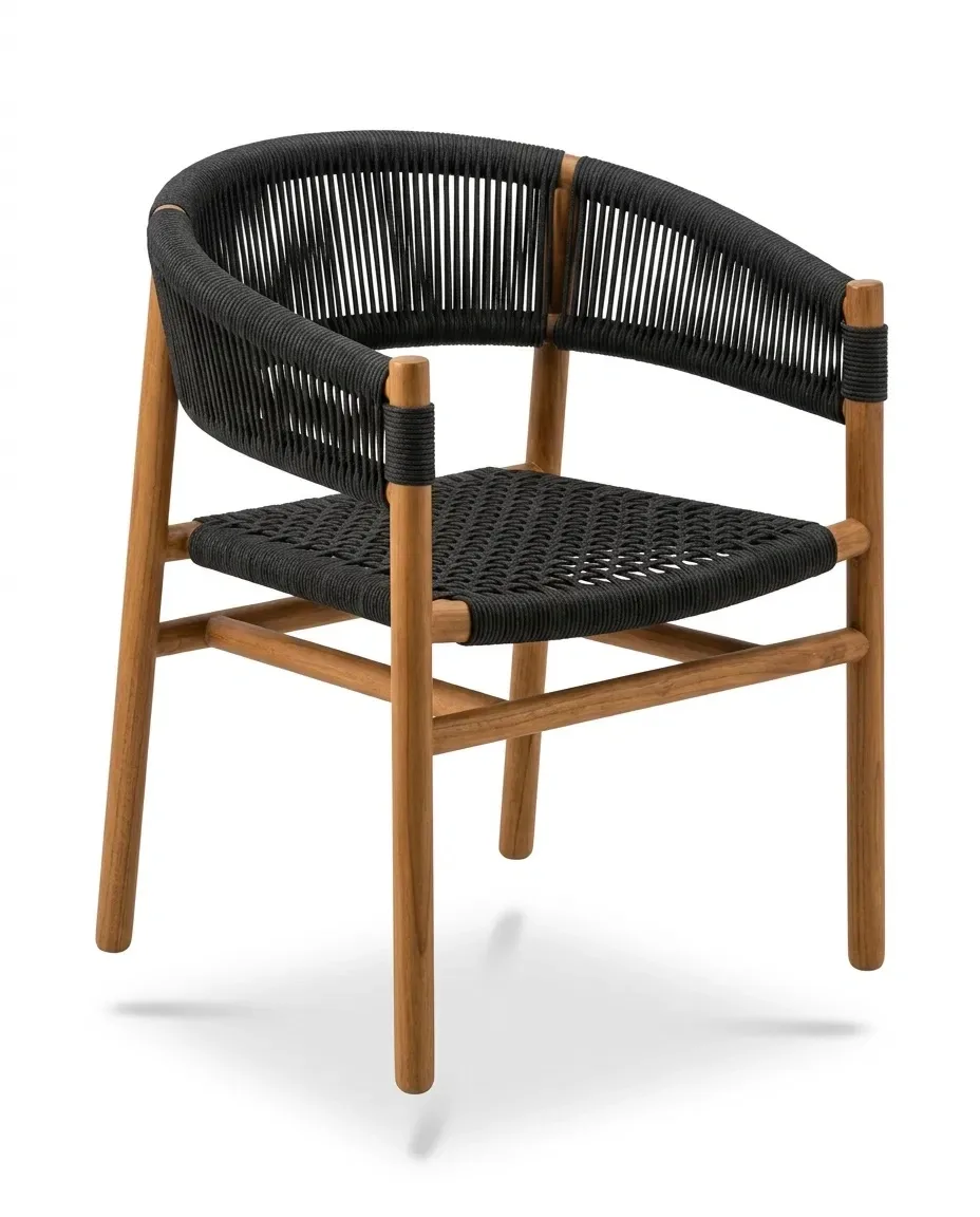 Dining armchair with black rope-wrapped curved back and woven seat, three-quarter view
