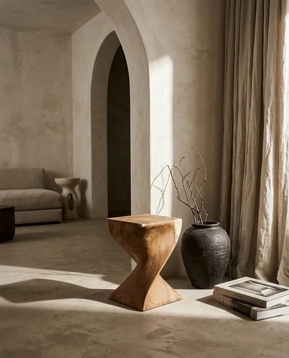 Z-form side table beside a dark vase in an arched room