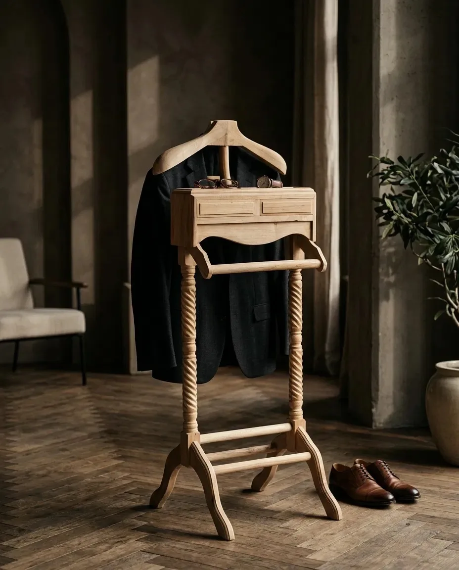 Valet stand holding a dark jacket beside a pair of shoes