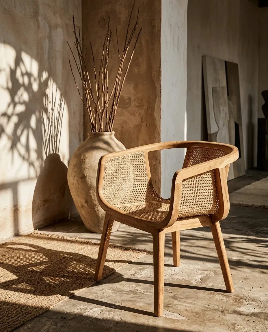 Open-back cane armchair beside a large clay vase in a sunlit room