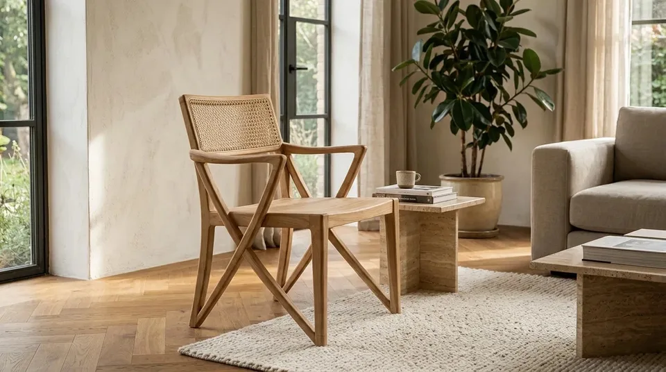 X-frame cane armchair in a living room by a window
