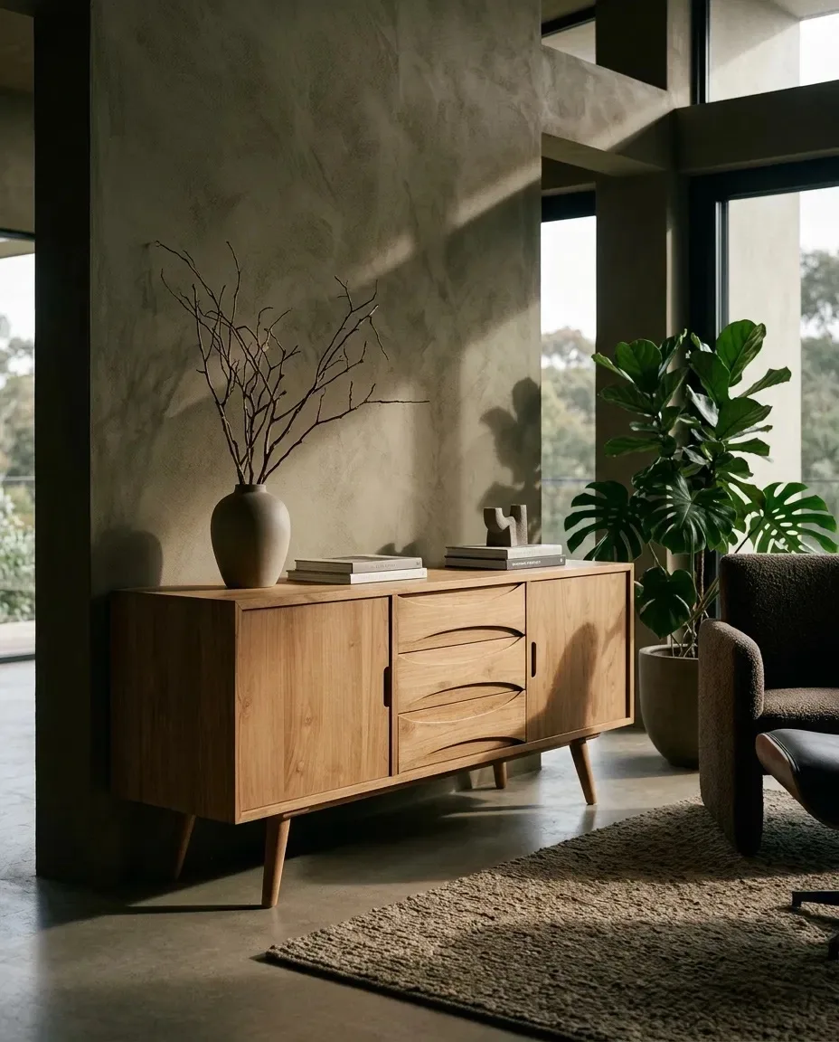 Curved-drawer sideboard with a branch vase in a dark plaster interior