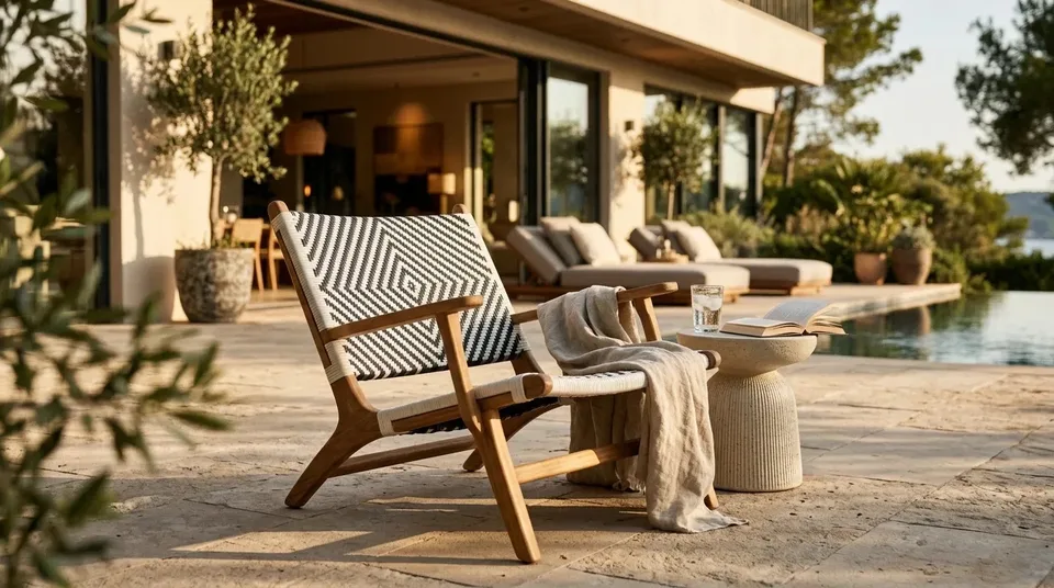 Geometric woven armchair with a throw on a poolside terrace