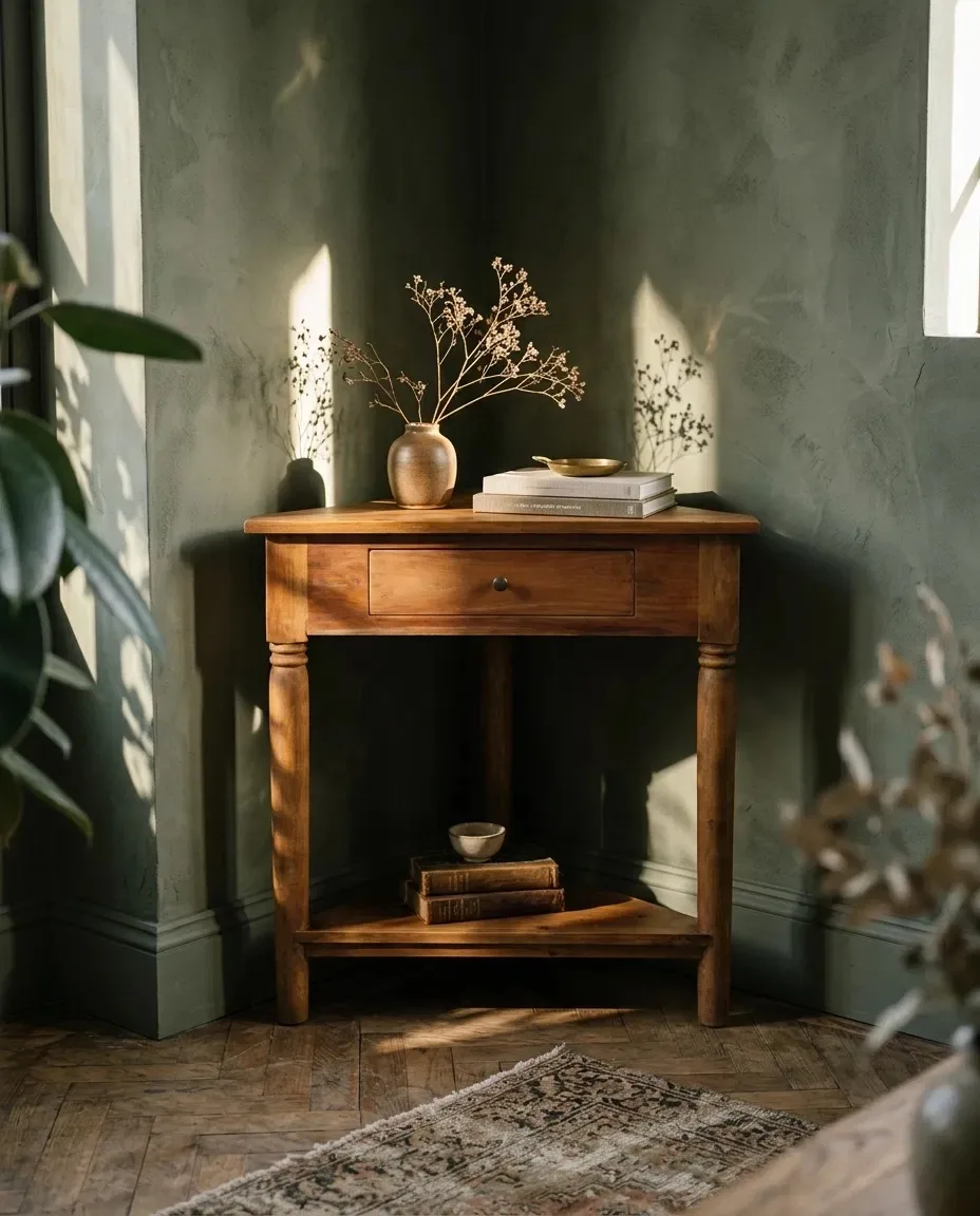 Corner console with a vase and books against a green wall