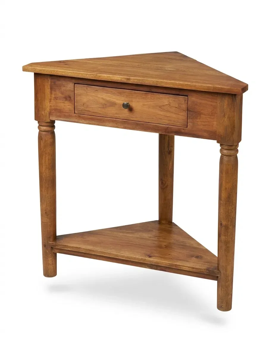 Triangular corner console with one drawer and lower shelf, front view