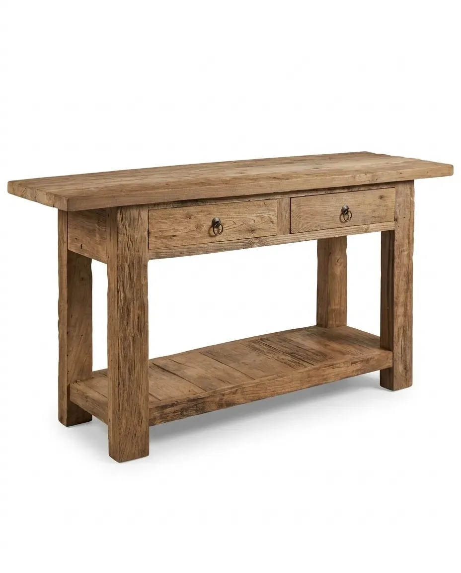 Rustic console with two drawers and a lower shelf, three-quarter view