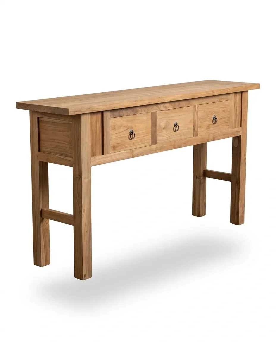Three-drawer console table with ring pulls and side stretchers, three-quarter view