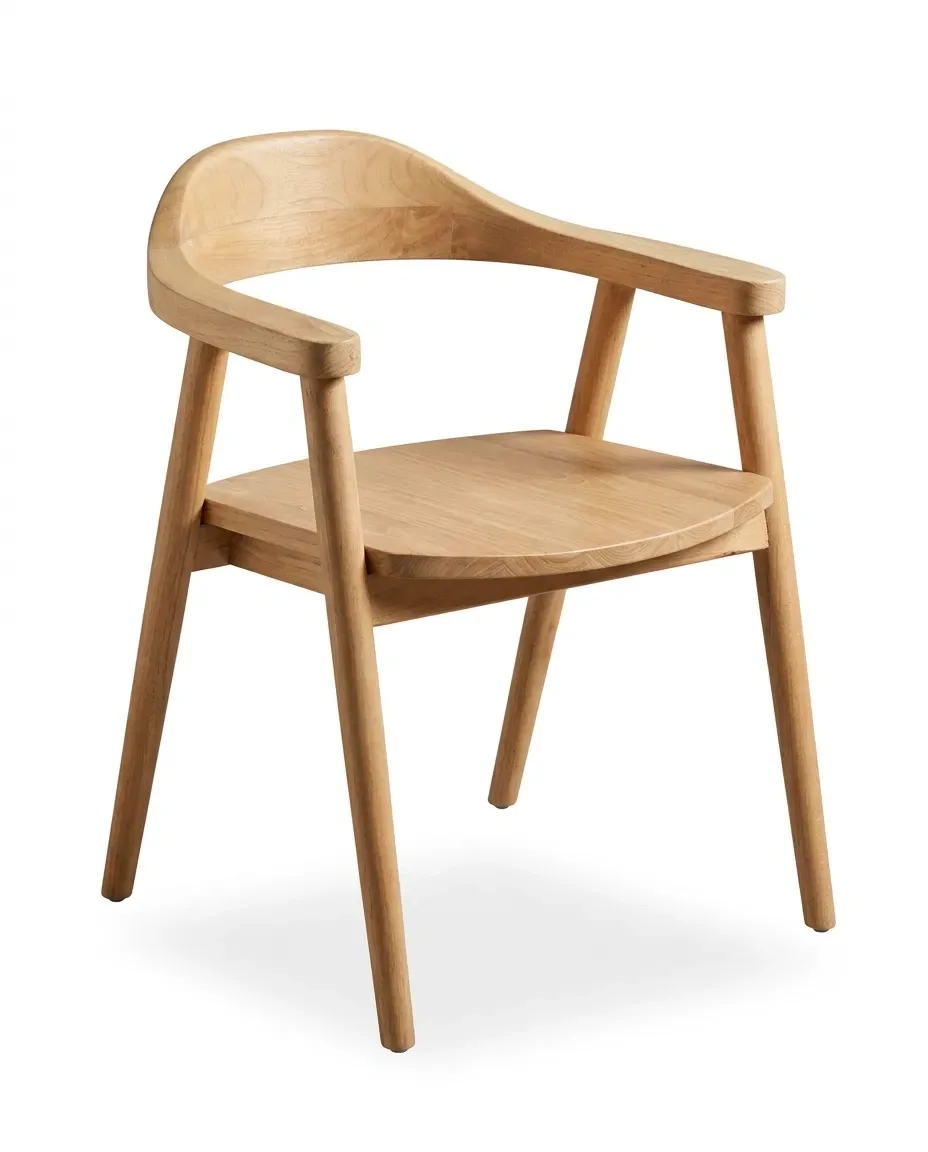 Solid teak dining armchair with curved back rail, three-quarter view