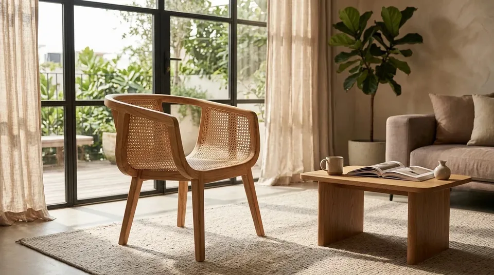 Open-back cane armchair by a window next to a low wooden table