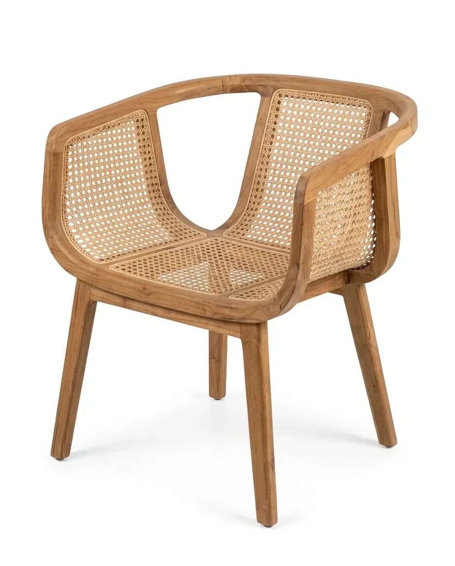 Cane armchair with U-shaped open back and cane seat, three-quarter view