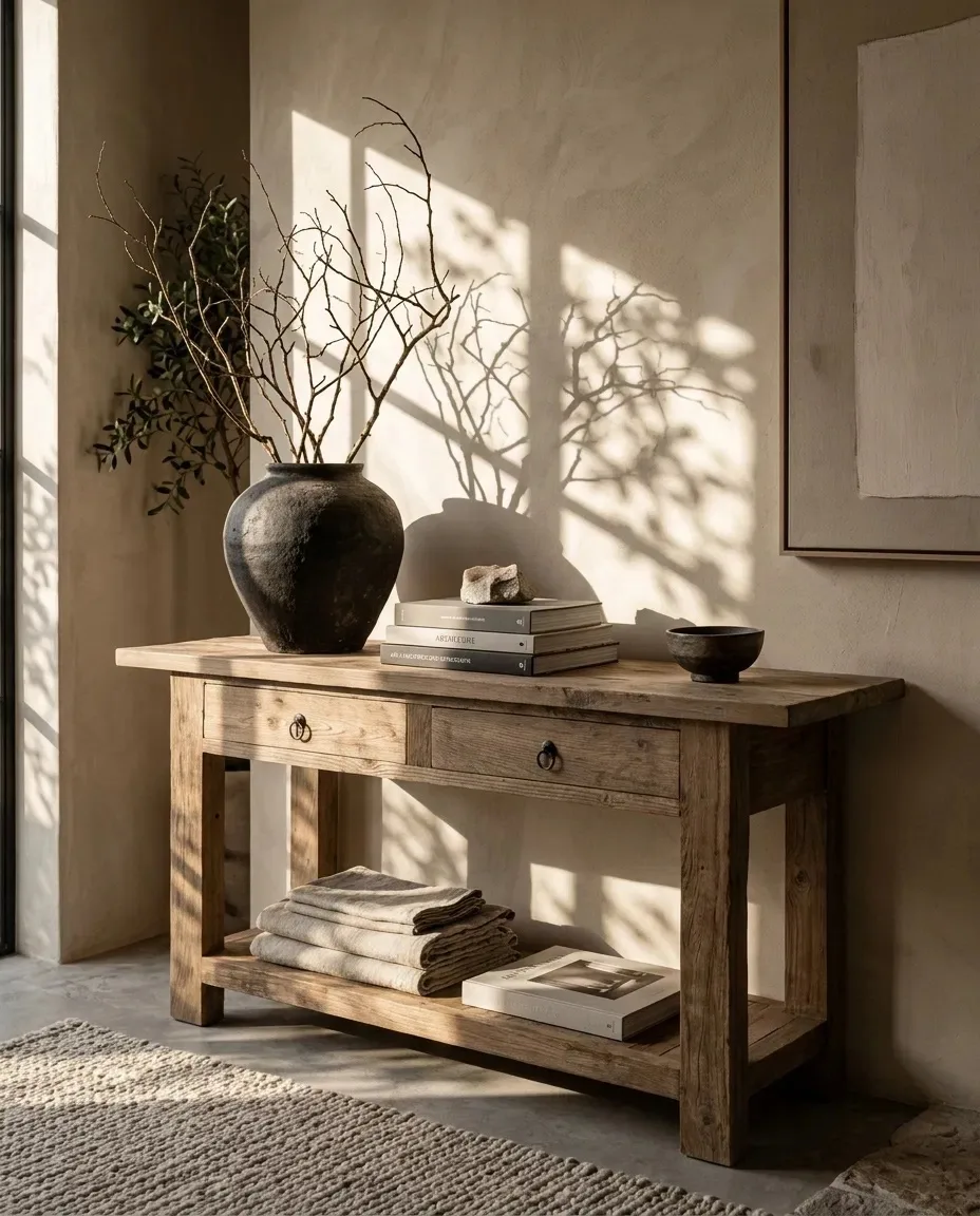 Rustic console with a dark vase and books in a sunlit room