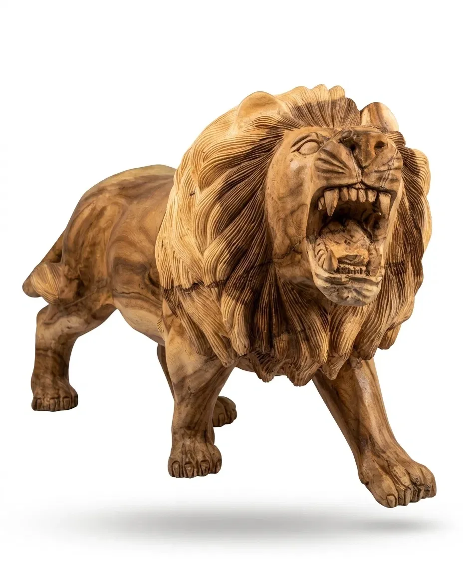 Hand-carved wooden lion with open mouth and layered mane, three-quarter view