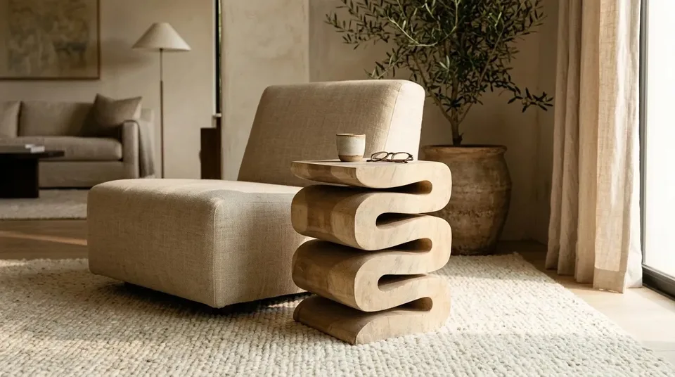 Wave-form side table beside an upholstered lounge chair