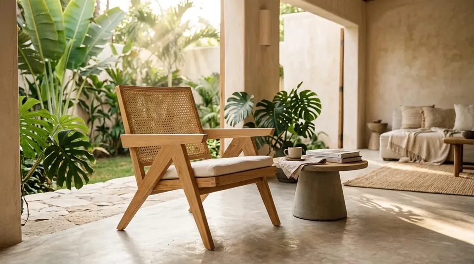Teak cane armchair with cushion on a covered tropical terrace