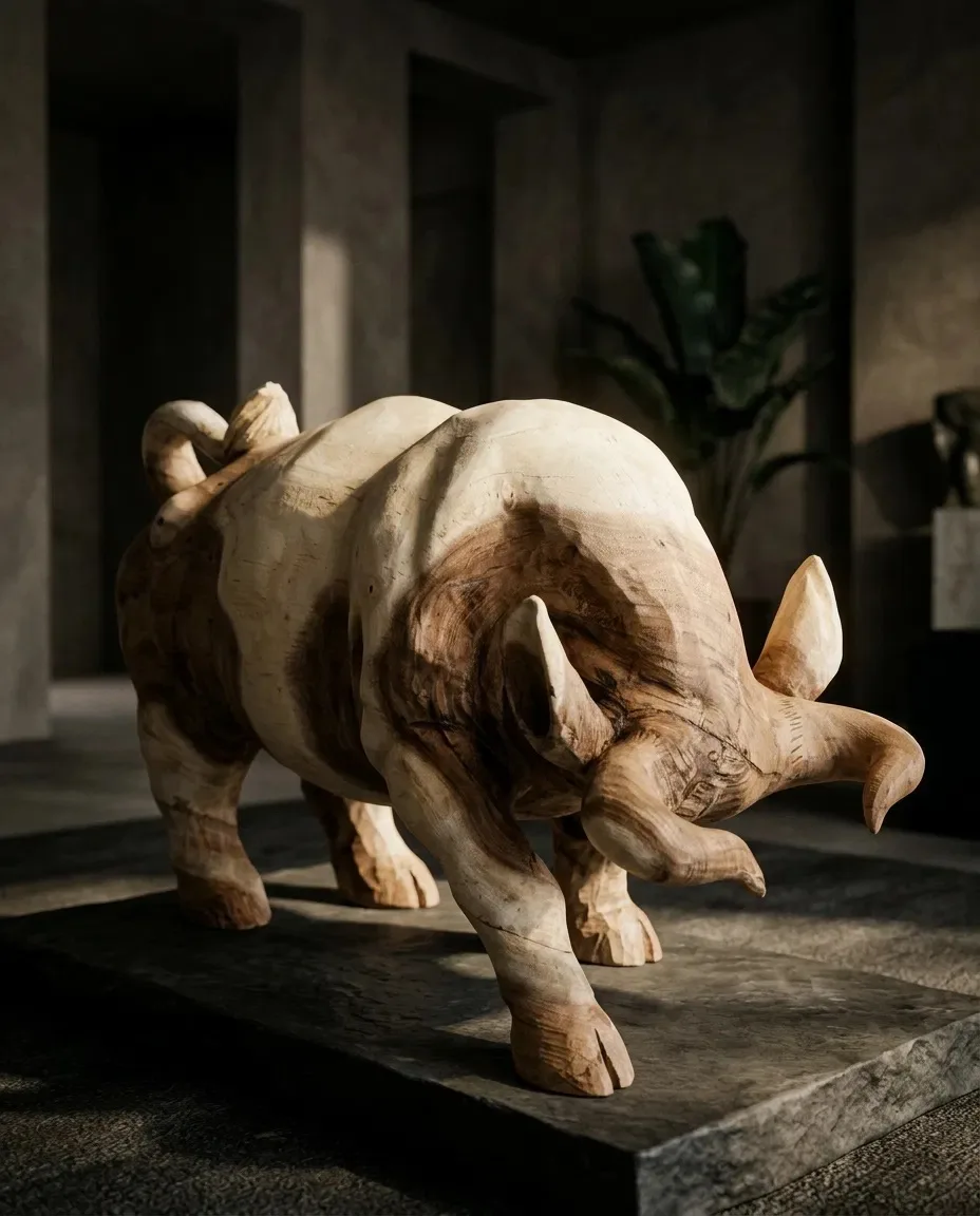 Carved wooden bull on a stone plinth in a dark interior