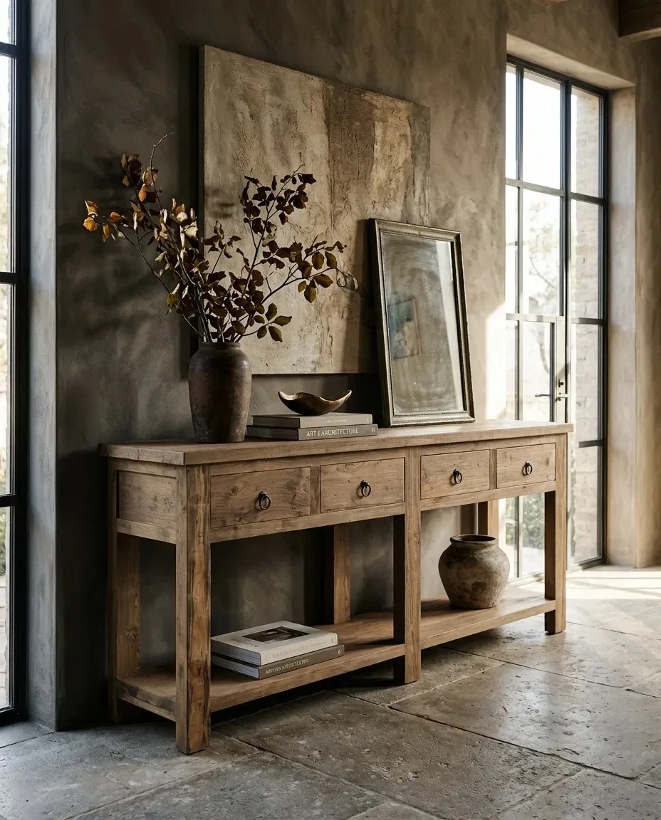 Long console with artwork and dried branches in a stone-floored room