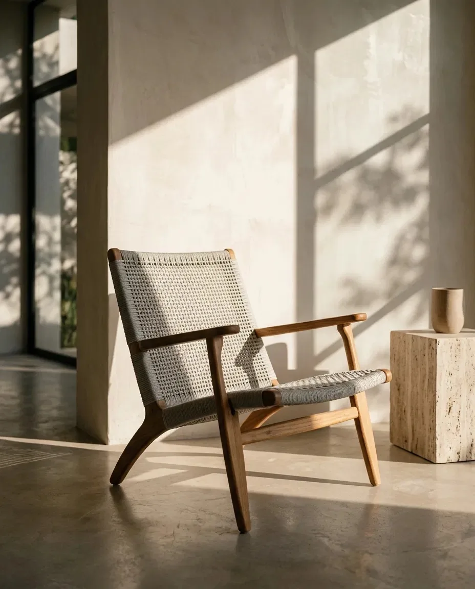 Gray woven armchair beside a travertine side table