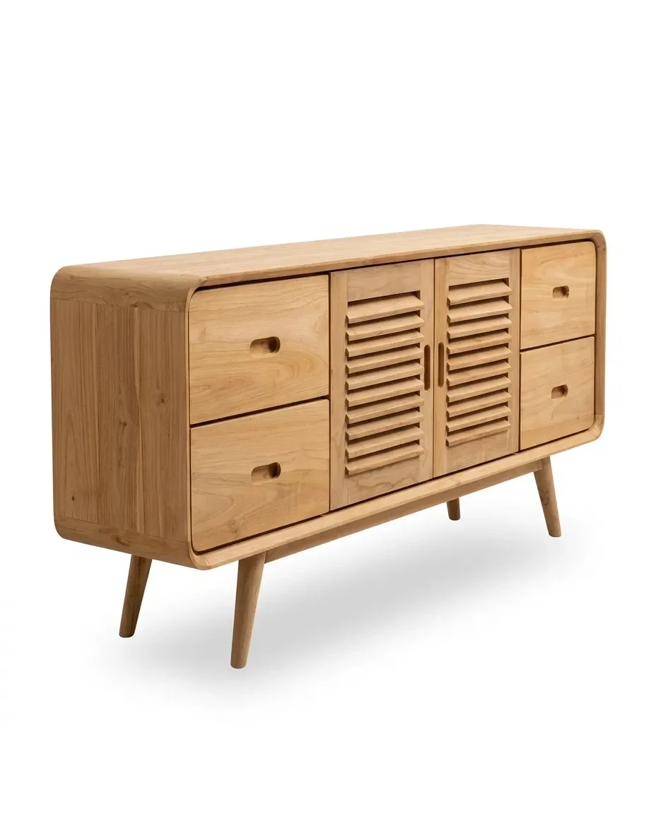 Sideboard with louvered center doors and four drawers, three-quarter view